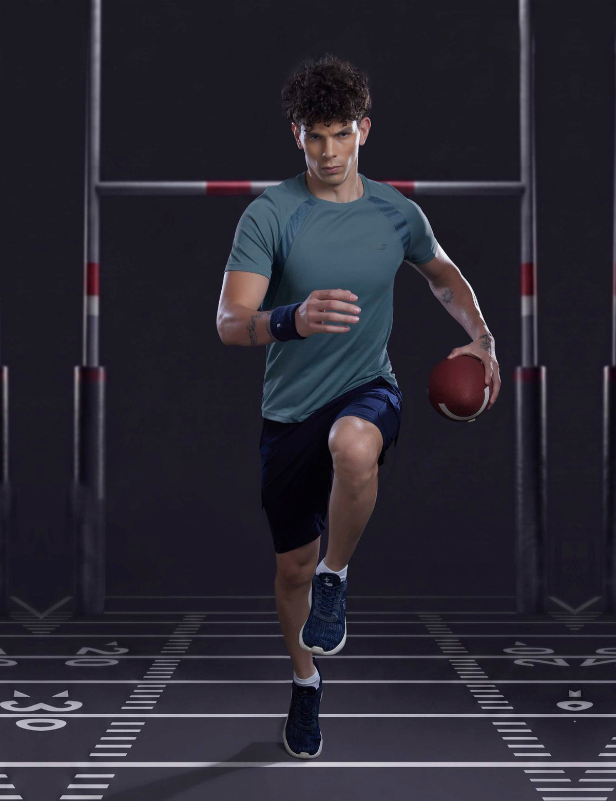 Sportzfit Men's Dot-Mesh Raglan Tee in Teal – full-length action pose