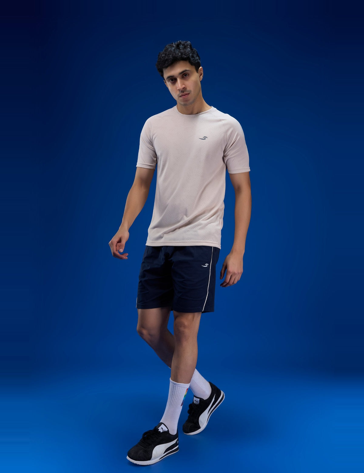 Sportzfit Men's Geo-Mesh Tee in Beige – full-length front view