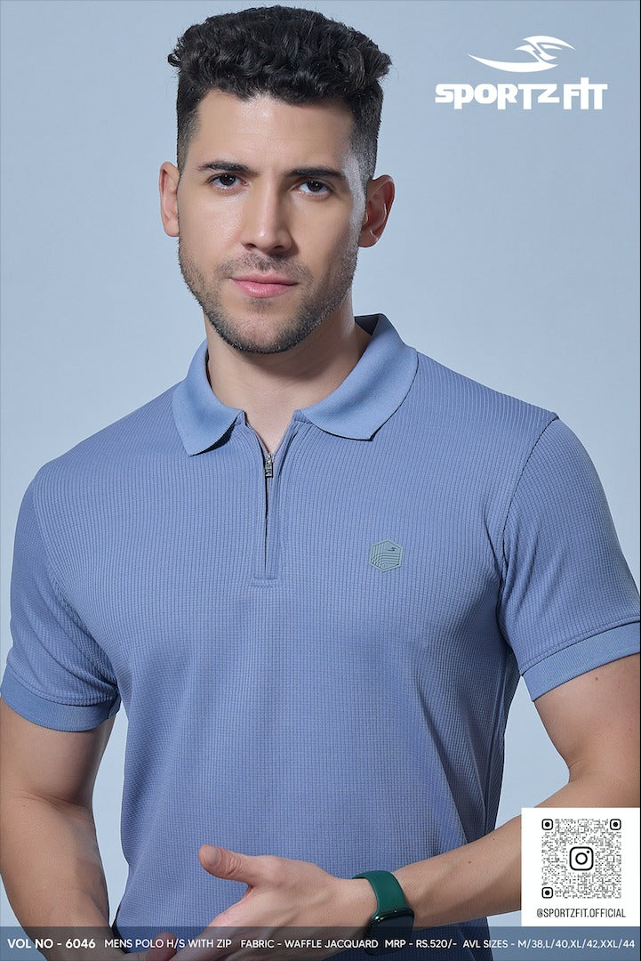 Men's Waffle Jacquard Solid Polo with Zip (6046)